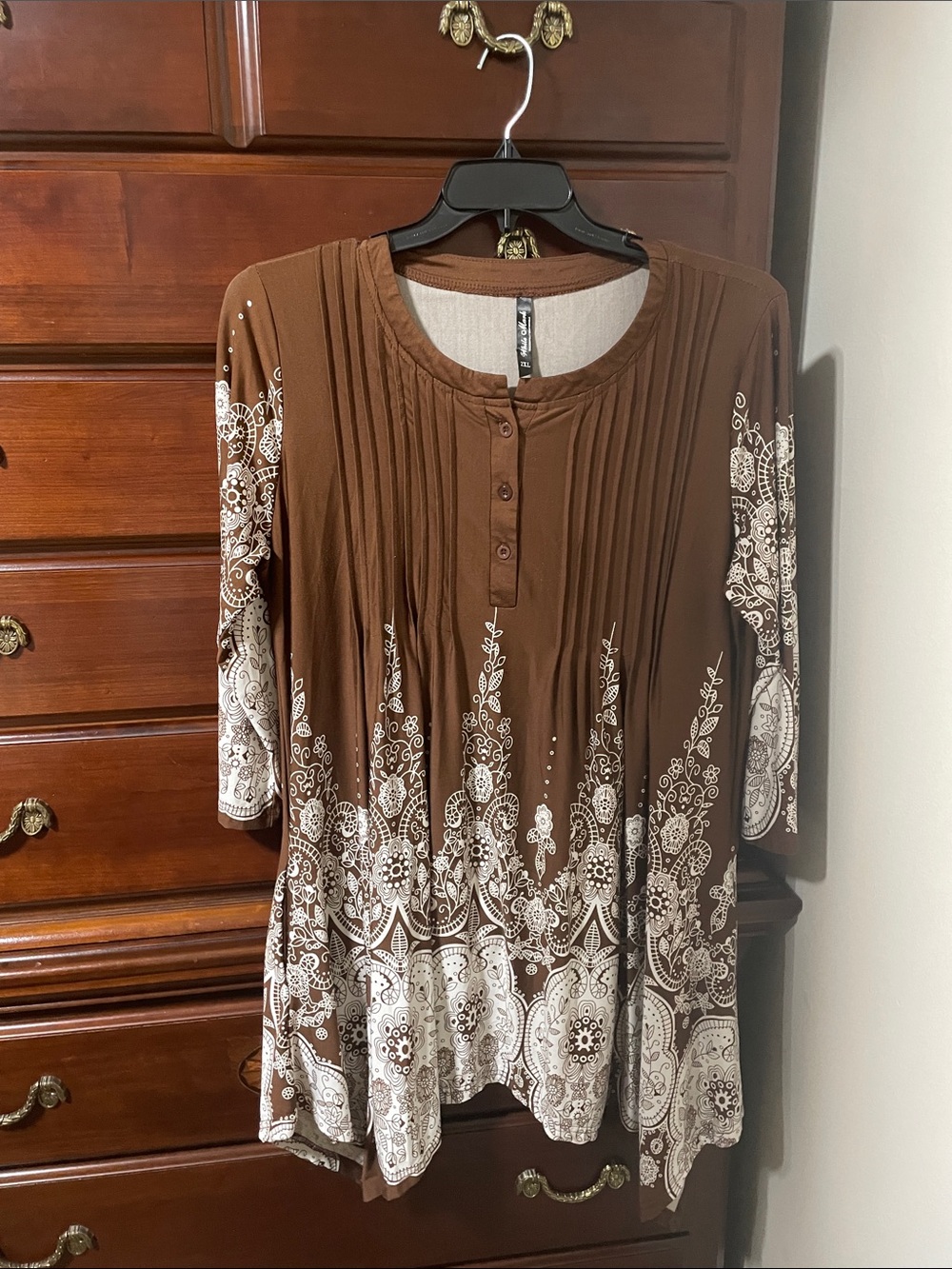 White Mark Brown Tunic with White Floral Paisley Print